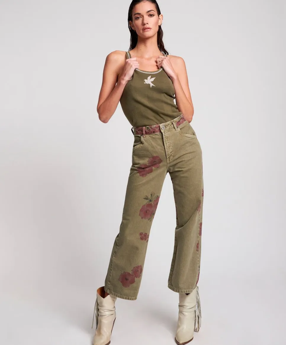 Denim Jeans|ONE TEASPOON Khaki Hibiscus Libertines High Waist Cropped Jeans