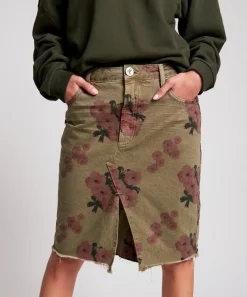 Denim Skirts|ONE TEASPOON Khaki Hibiscus Longline Trucker Mid Waist Denim Skirt