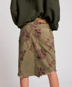 Denim Skirts|ONE TEASPOON Khaki Hibiscus Longline Trucker Mid Waist Denim Skirt