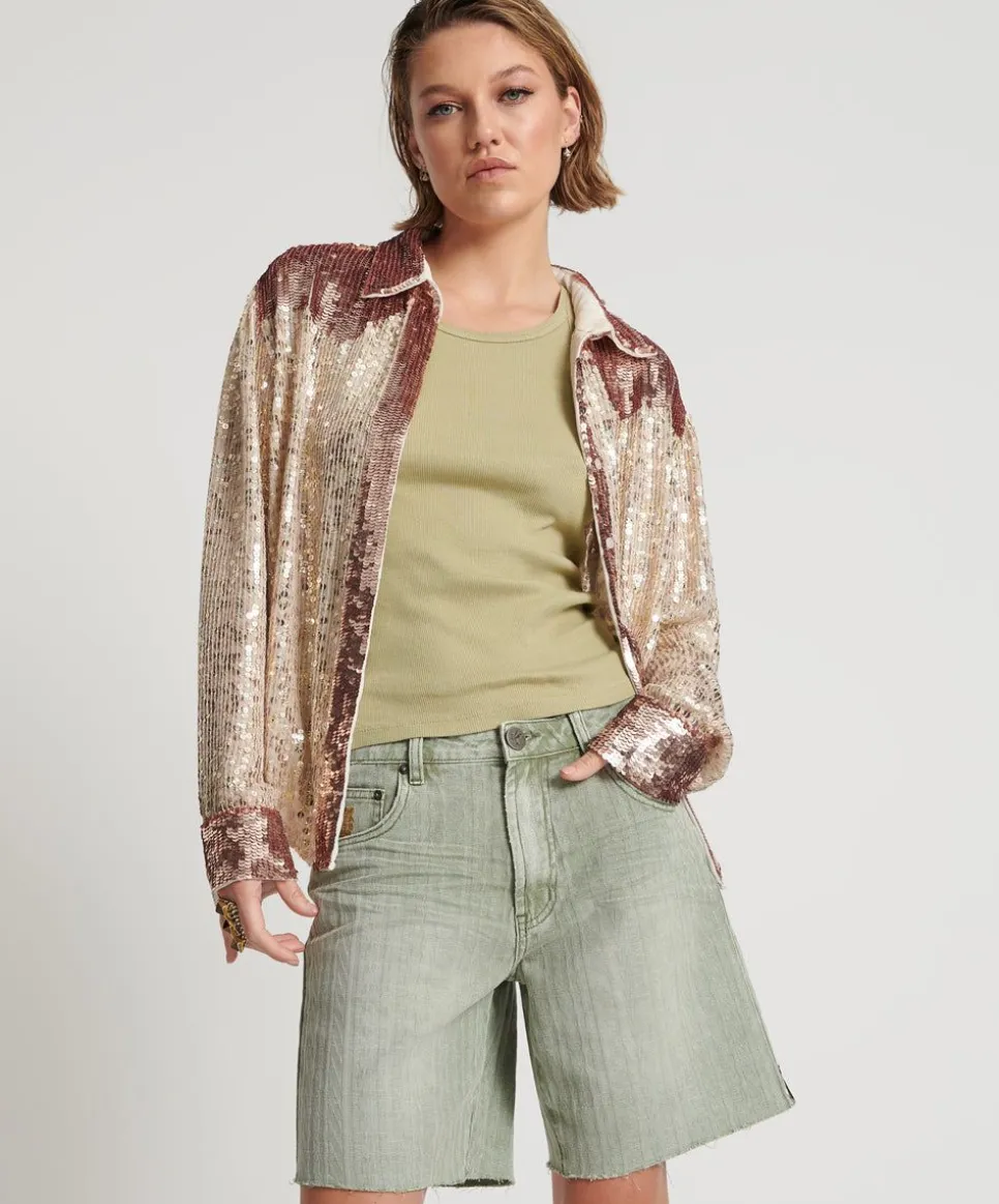 Denim Shorts|ONE TEASPOON Khaki Logo Jacquard Jackson Mid Waist Wide Leg Shorts