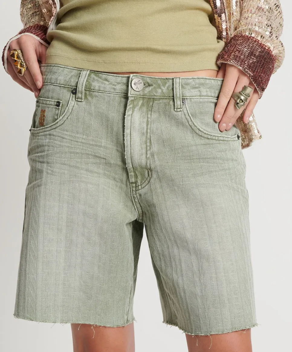 Denim Shorts|ONE TEASPOON Khaki Logo Jacquard Jackson Mid Waist Wide Leg Shorts