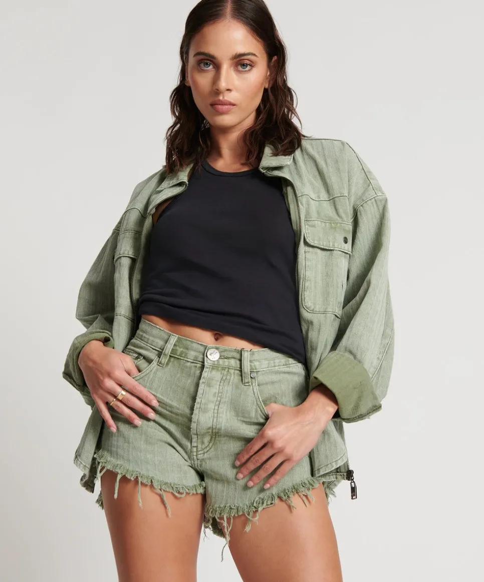 Denim Shorts|ONE TEASPOON Khaki Logo Jacquard Outlaws Mid Waist Denim Shorts