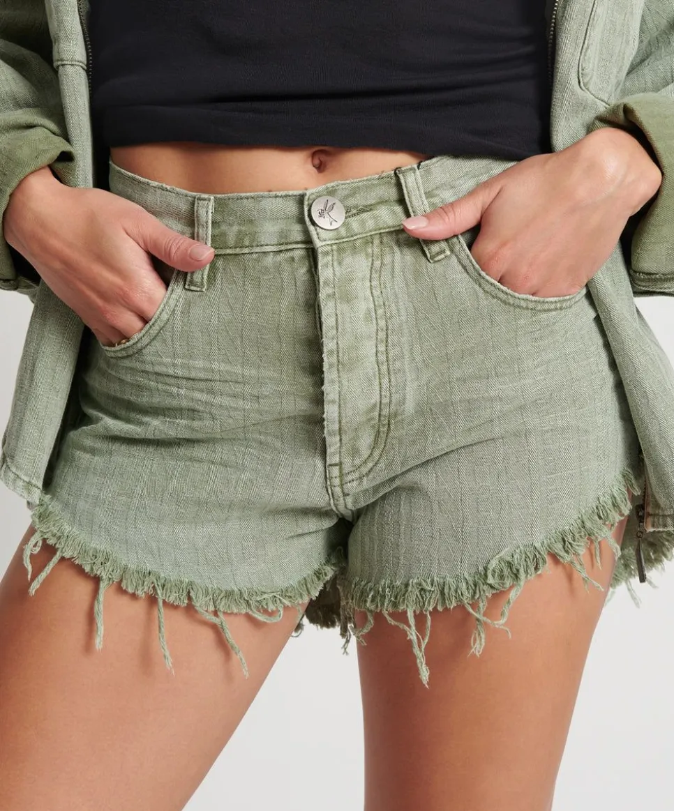 Denim Shorts|ONE TEASPOON Khaki Logo Jacquard Outlaws Mid Waist Denim Shorts