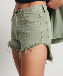 Denim Shorts|ONE TEASPOON Khaki Logo Jacquard Outlaws Mid Waist Denim Shorts