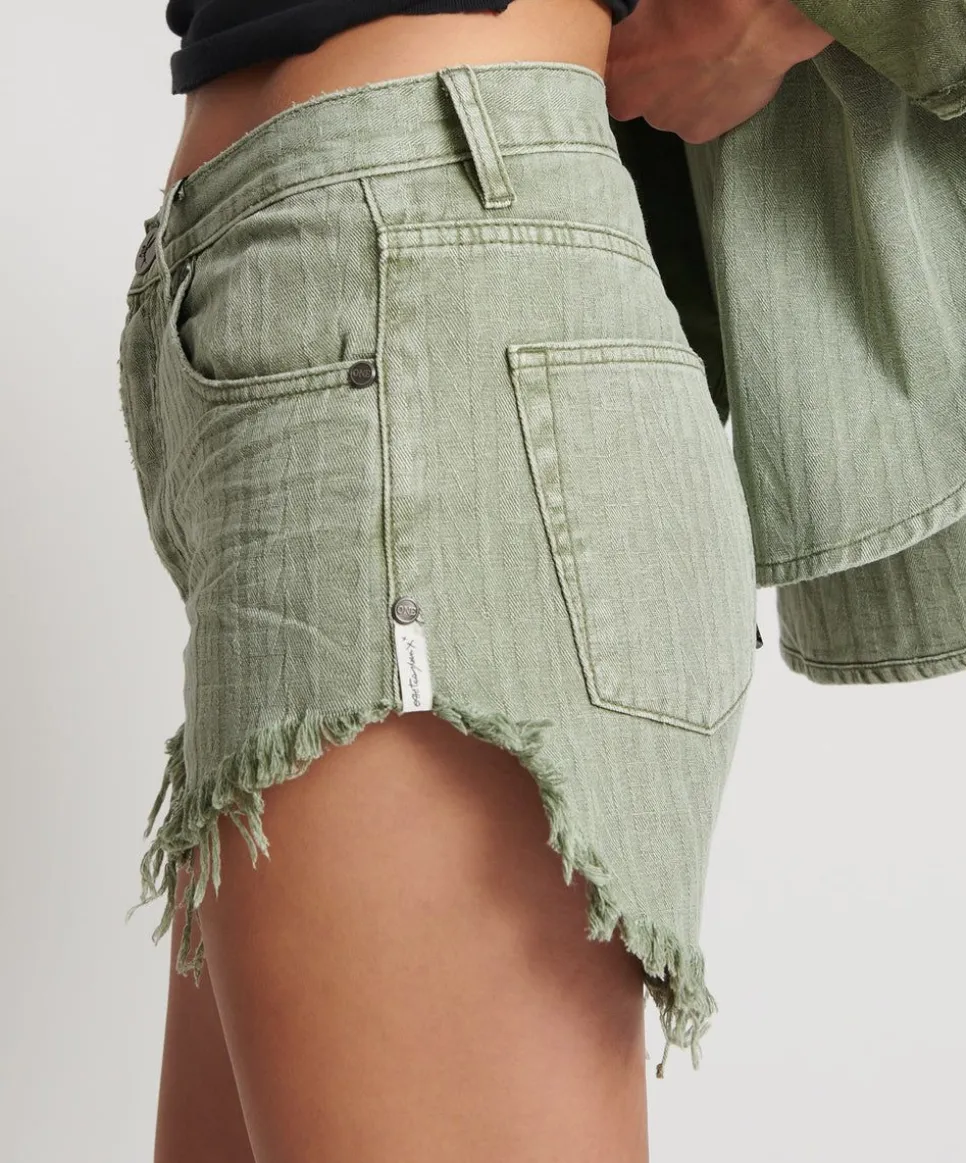 Denim Shorts|ONE TEASPOON Khaki Logo Jacquard Outlaws Mid Waist Denim Shorts