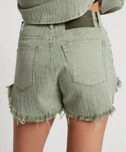 Denim Shorts|ONE TEASPOON Khaki Logo Jacquard Outlaws Mid Waist Denim Shorts