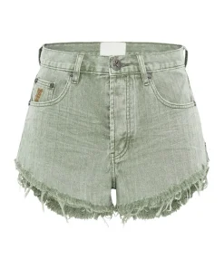 Denim Shorts|ONE TEASPOON Khaki Logo Jacquard Outlaws Mid Waist Denim Shorts
