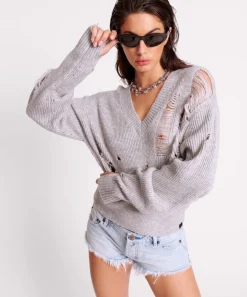Knitwear|ONE TEASPOON Laddered V-Neck Distressed Sweater