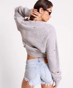 Knitwear|ONE TEASPOON Laddered V-Neck Distressed Sweater