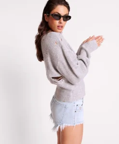 Knitwear|ONE TEASPOON Laddered V-Neck Distressed Sweater