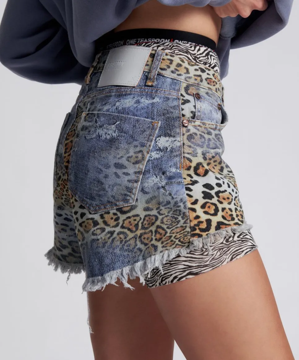 Denim Shorts|ONE TEASPOON Leoparty Truckers Mid Waist Relaxed Shorts