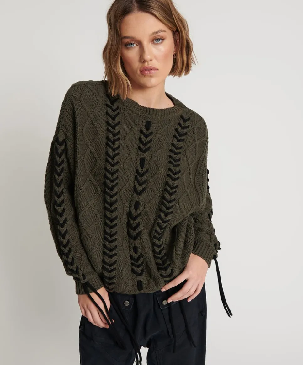 Knitwear|ONE TEASPOON Military Khaki Threaded Cable Sweater