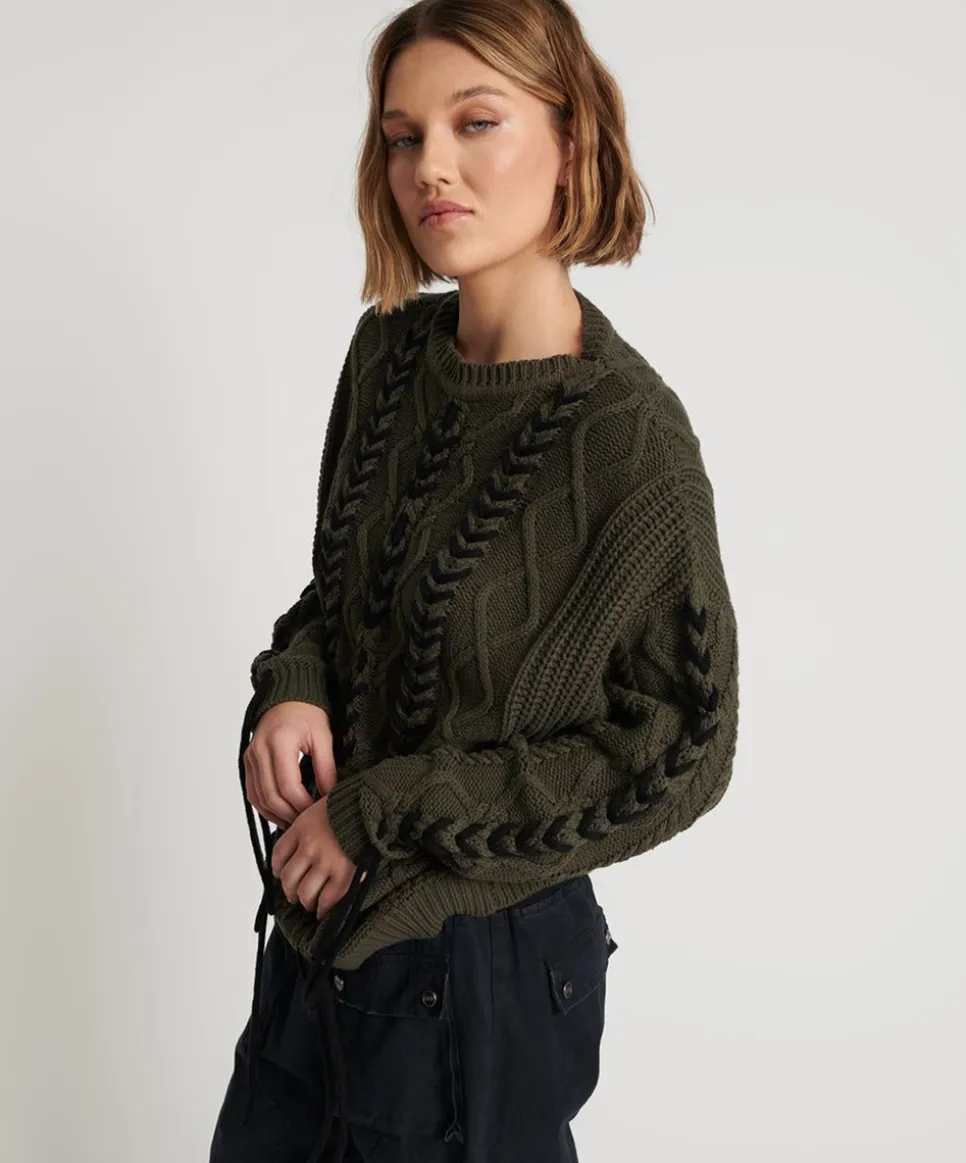 Knitwear|ONE TEASPOON Military Khaki Threaded Cable Sweater