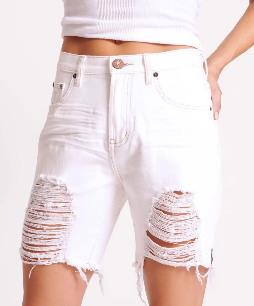 Denim Shorts|ONE TEASPOON Pearl Stevies High Waist Long Length Boyfriend Shorts
