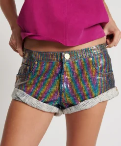 Denim Shorts|ONE TEASPOON Rainbow Sequin Bandits Low Waist Denim Shorts