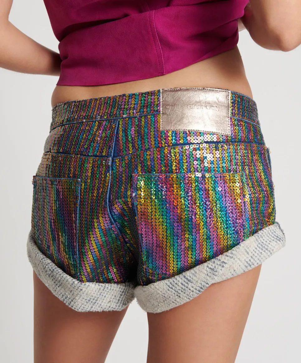 Denim Shorts|ONE TEASPOON Rainbow Sequin Bandits Low Waist Denim Shorts