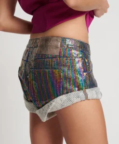 Denim Shorts|ONE TEASPOON Rainbow Sequin Bandits Low Waist Denim Shorts