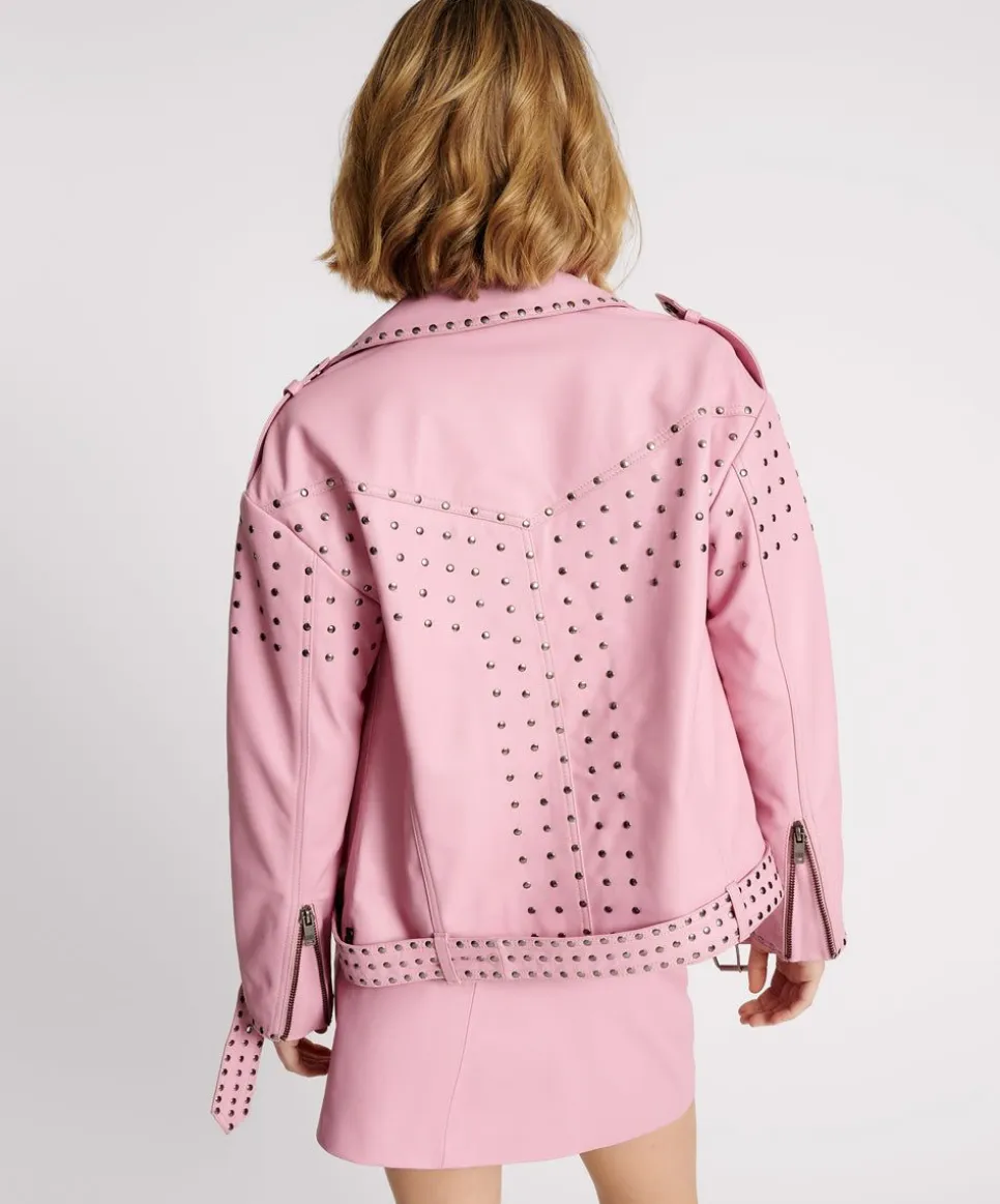 Leather Jackets|ONE TEASPOON Rizzo Pink Studded Leather Moto Jacket