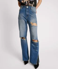 Denim Jeans|ONE TEASPOON Shredded Gold Billie Low Slung Straight Leg Mid Waist Denim Jeans