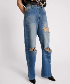 Denim Jeans|ONE TEASPOON Shredded Gold Billie Low Slung Straight Leg Mid Waist Denim Jeans