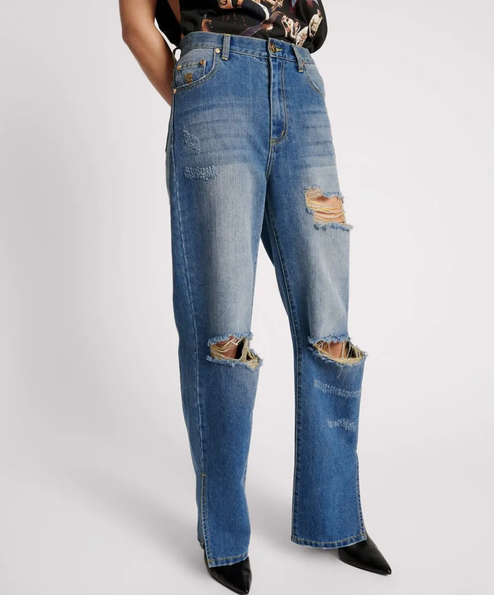 Denim Jeans|ONE TEASPOON Shredded Gold Billie Low Slung Straight Leg Mid Waist Denim Jeans