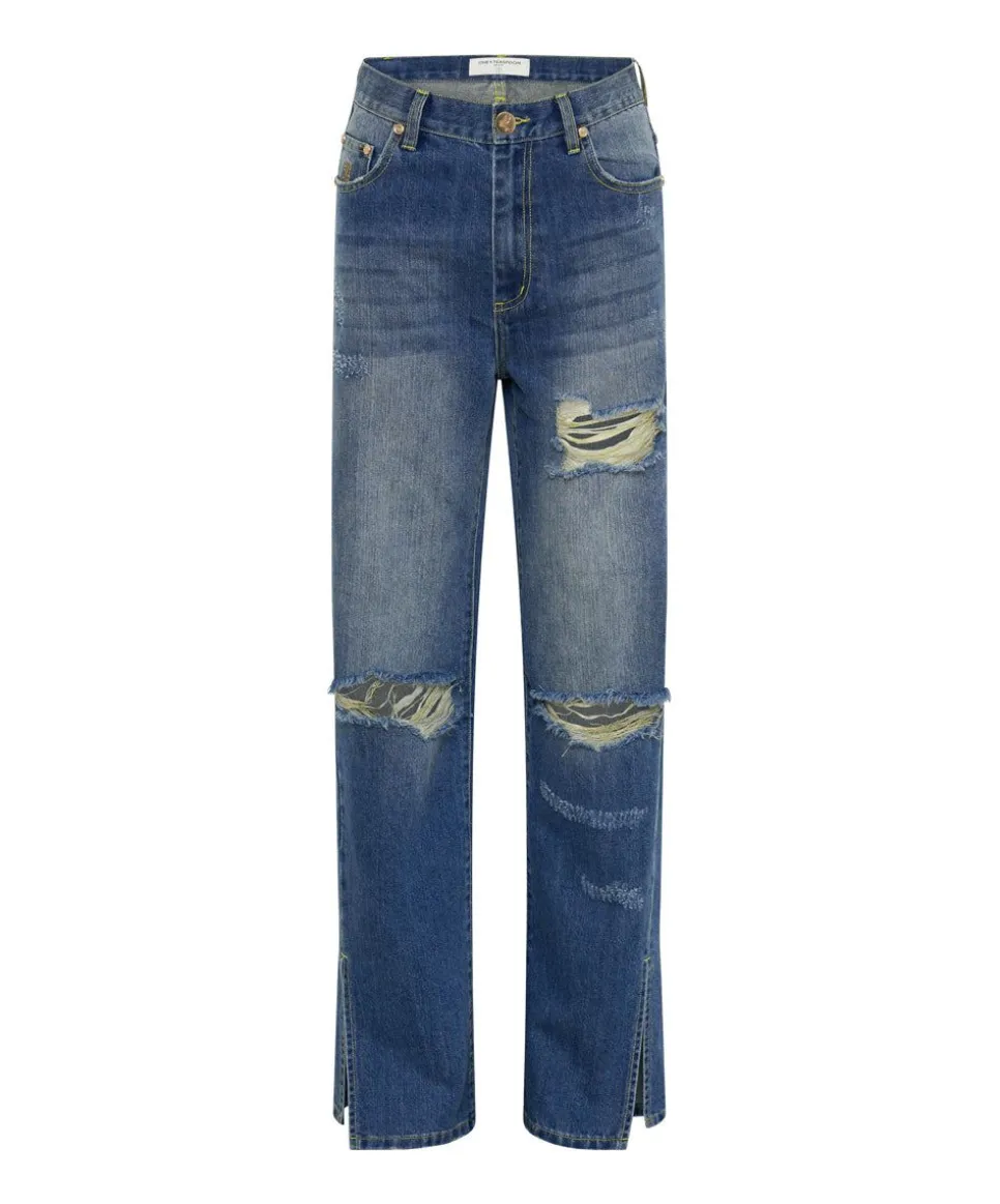 Denim Jeans|ONE TEASPOON Shredded Gold Billie Low Slung Straight Leg Mid Waist Denim Jeans