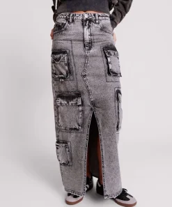 Denim Skirts|ONE TEASPOON Slate Acid 90S Cargo Pocket Column Denim Skirt