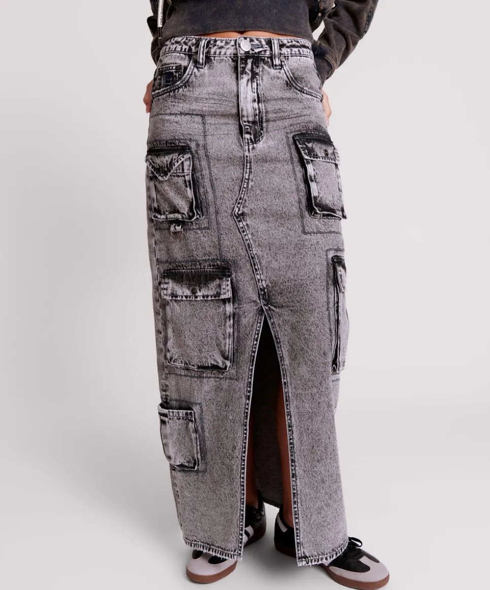 Denim Skirts|ONE TEASPOON Slate Acid 90S Cargo Pocket Column Denim Skirt