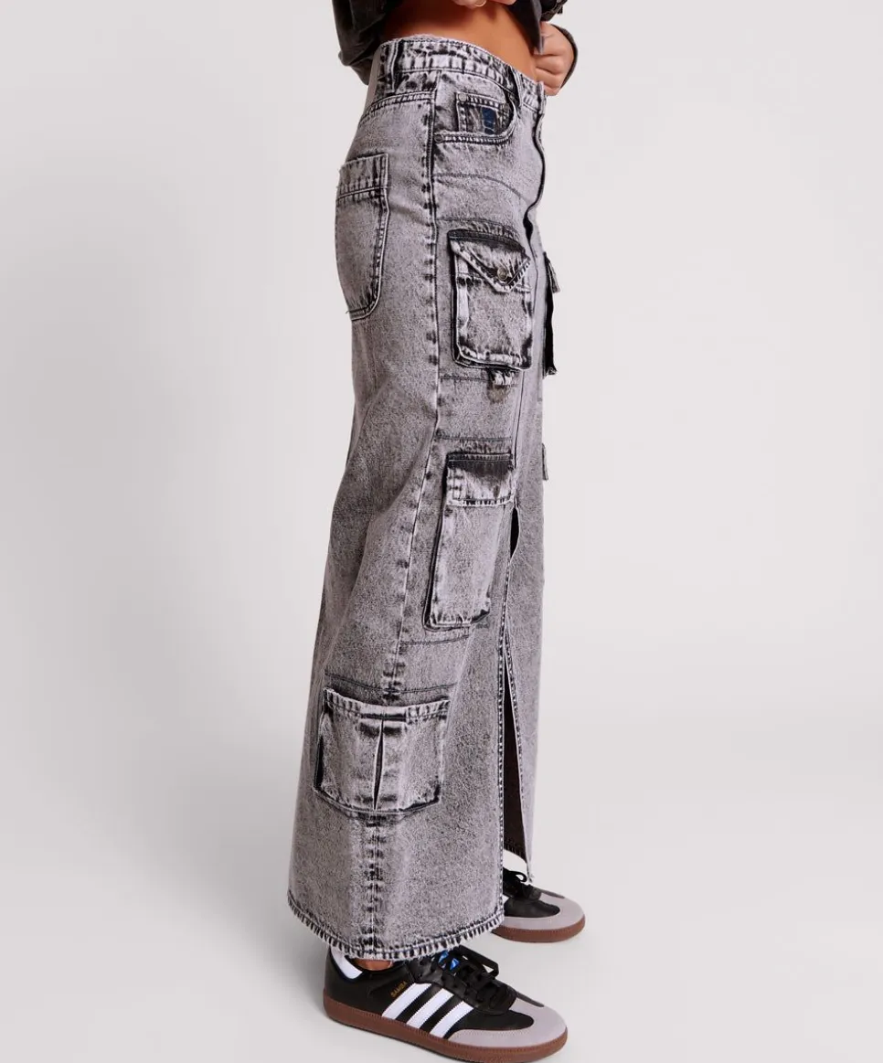 Denim Skirts|ONE TEASPOON Slate Acid 90S Cargo Pocket Column Denim Skirt