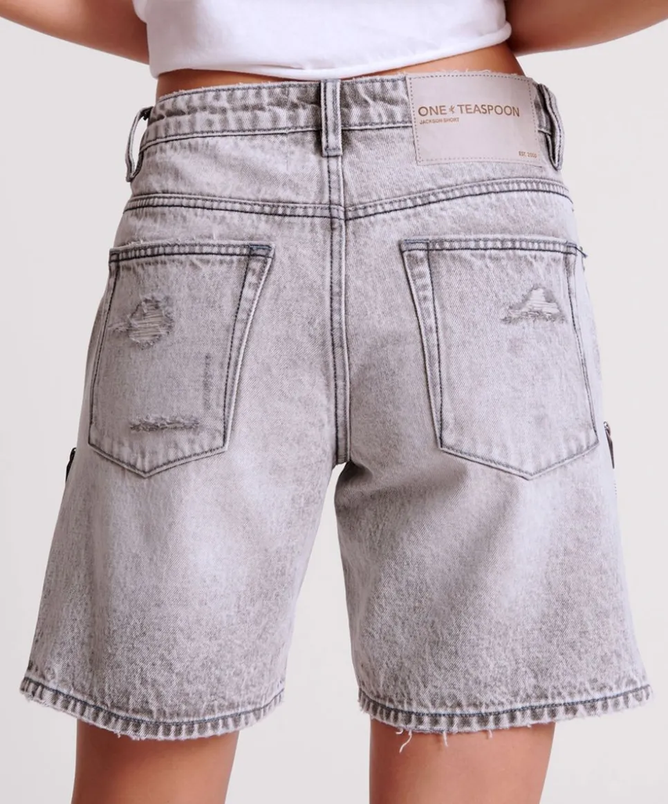 Denim Shorts|ONE TEASPOON Slate Acid Zipped Up Jackson Mid Waist Wide Leg Shorts
