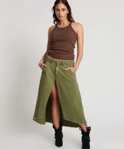 Denim Skirts|ONE TEASPOON St Khaki Mrs Carter Long Denim Skirt