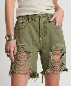 Denim Shorts|ONE TEASPOON St Khaki Stevies High Waist Long Length Boyfriend