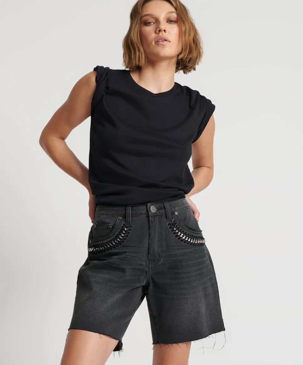 Denim Shorts|ONE TEASPOON Storm Grey Jackson Mid Waist Wide Leg Shorts