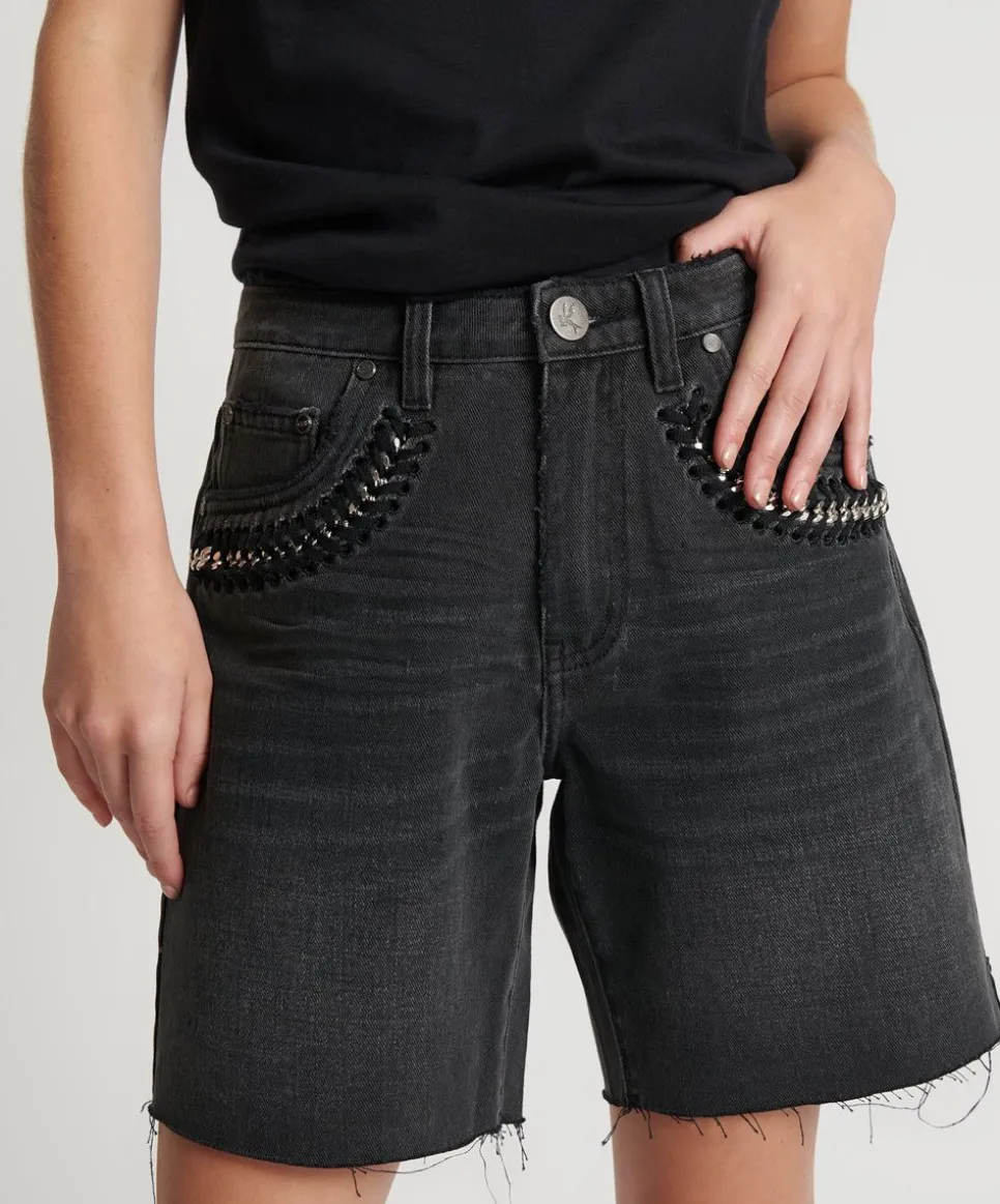 Denim Shorts|ONE TEASPOON Storm Grey Jackson Mid Waist Wide Leg Shorts