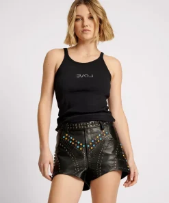 Bottoms|ONE TEASPOON Studded Jewel High Waist Leather Shorts