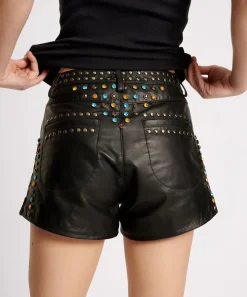 Bottoms|ONE TEASPOON Studded Jewel High Waist Leather Shorts