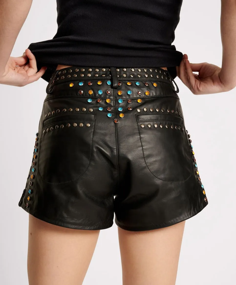 Bottoms|ONE TEASPOON Studded Jewel High Waist Leather Shorts