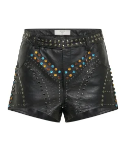 Bottoms|ONE TEASPOON Studded Jewel High Waist Leather Shorts