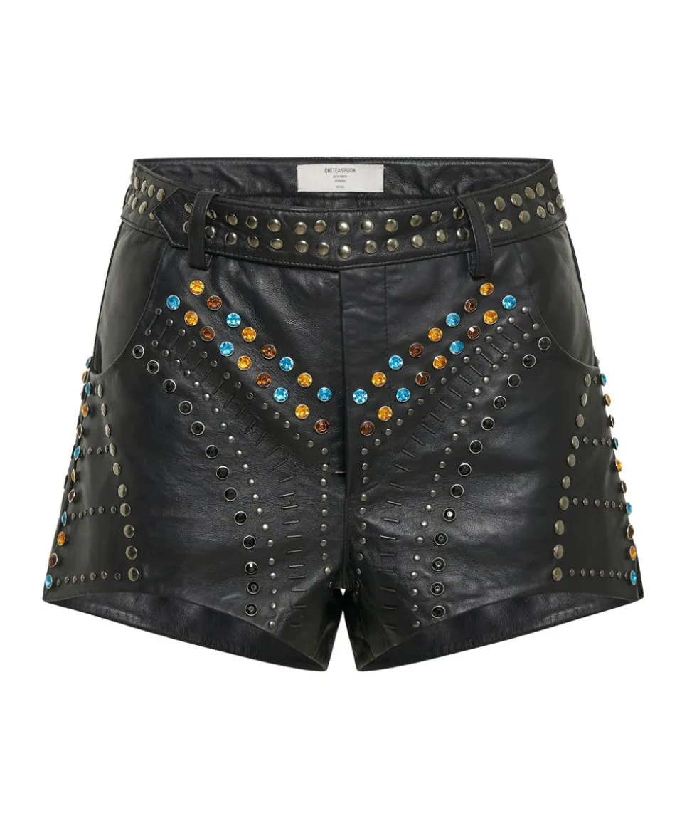Bottoms|ONE TEASPOON Studded Jewel High Waist Leather Shorts