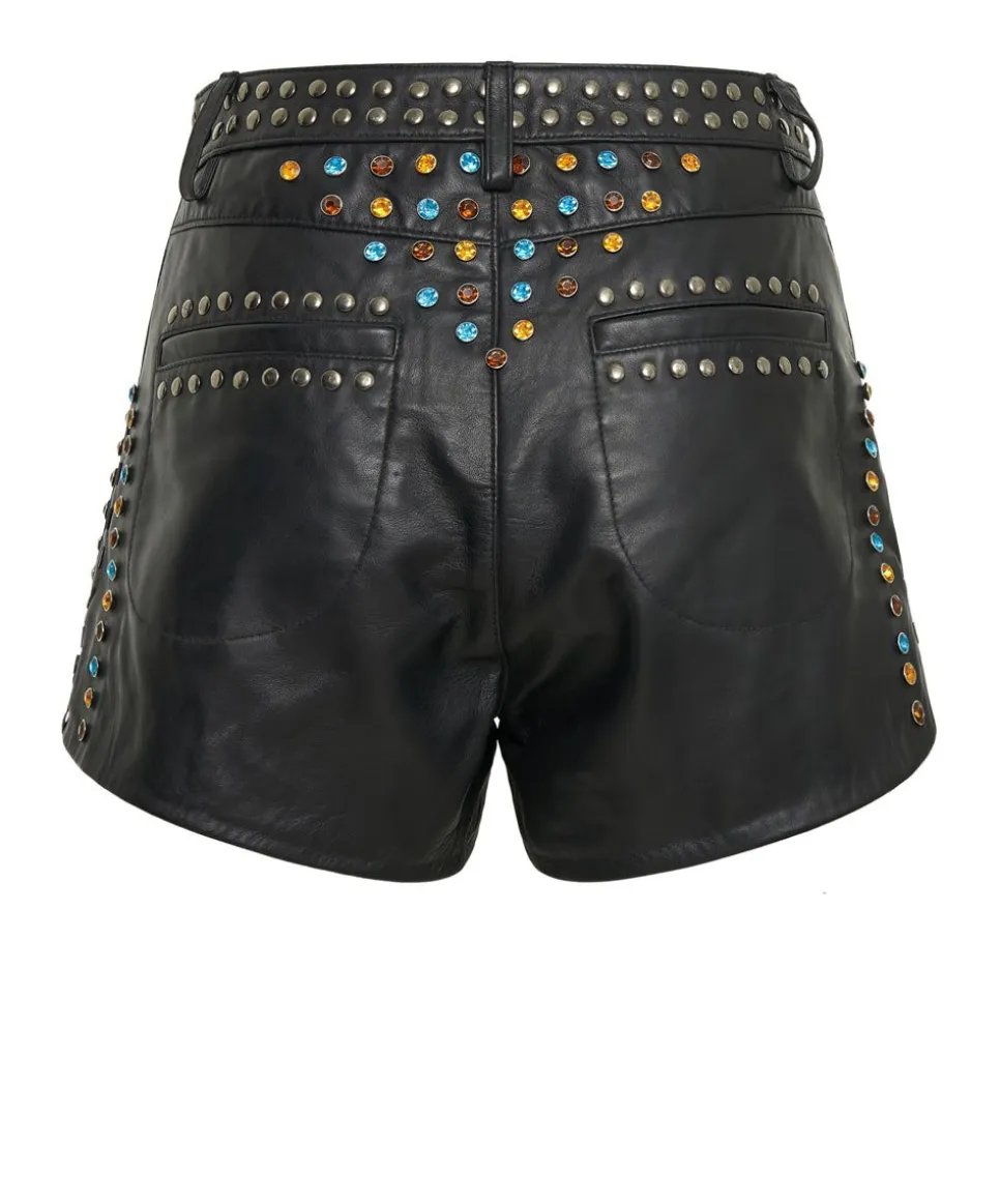Bottoms|ONE TEASPOON Studded Jewel High Waist Leather Shorts