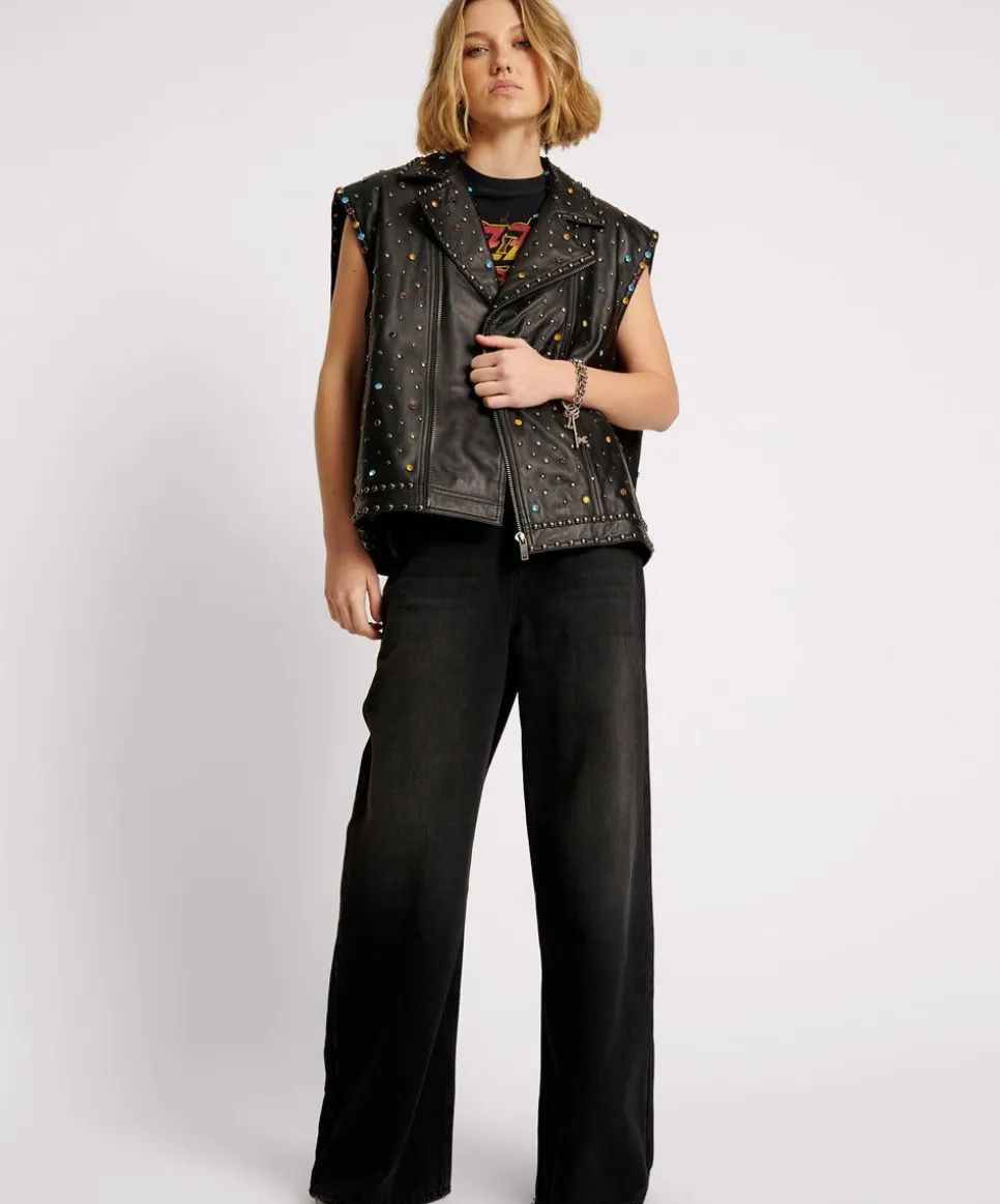 Leather Jackets|ONE TEASPOON Studded Jewel Leather Eagle Punk Sleeveless Jacket