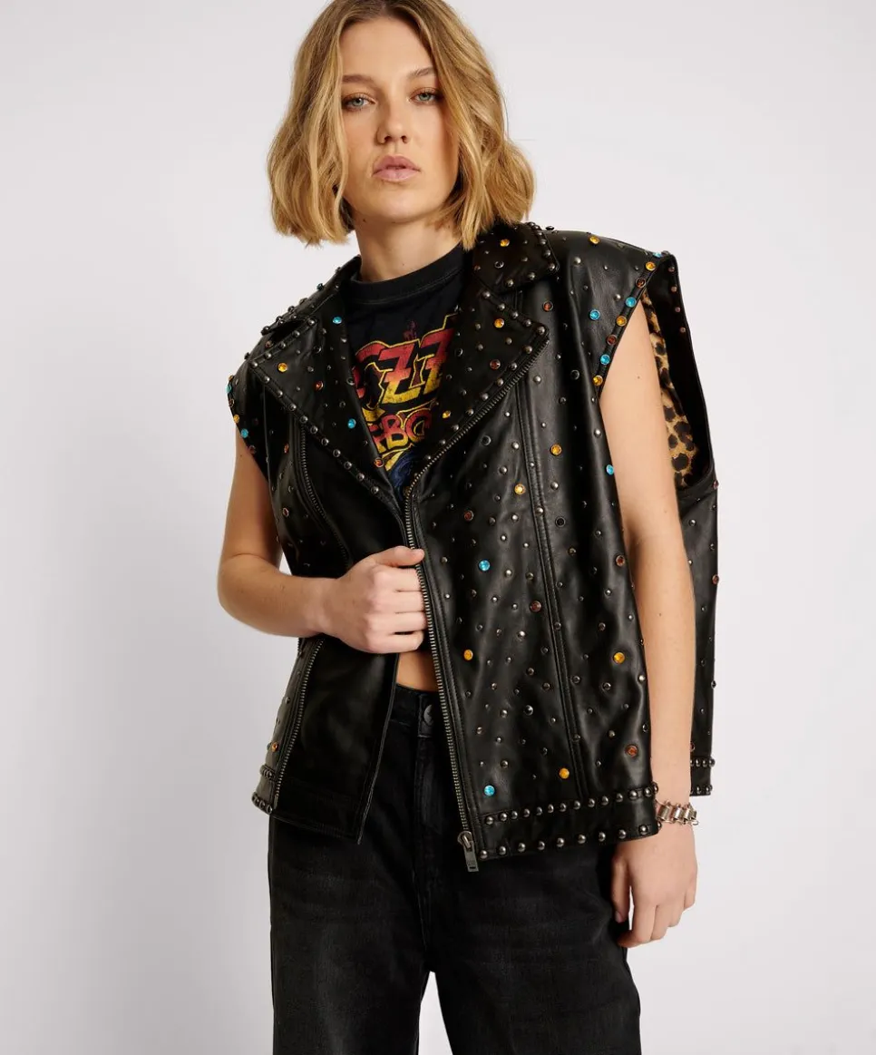 Leather Jackets|ONE TEASPOON Studded Jewel Leather Eagle Punk Sleeveless Jacket
