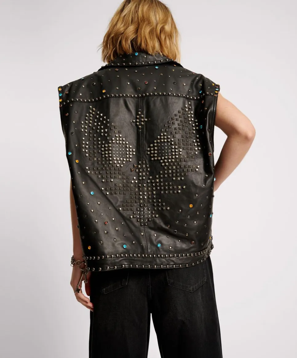 Leather Jackets|ONE TEASPOON Studded Jewel Leather Eagle Punk Sleeveless Jacket