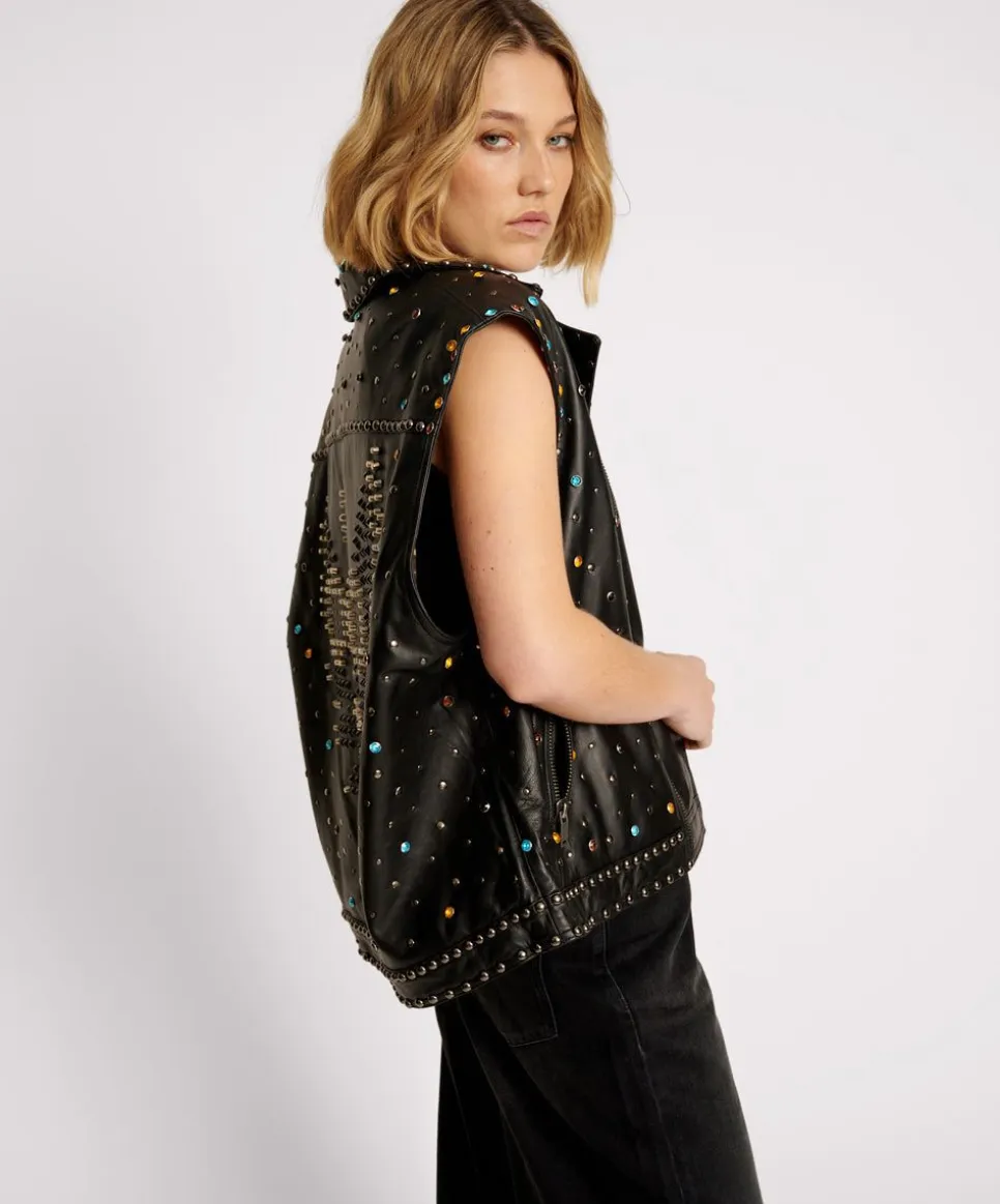Leather Jackets|ONE TEASPOON Studded Jewel Leather Eagle Punk Sleeveless Jacket