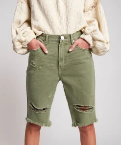 Denim Shorts|ONE TEASPOON Super Khaki Cut Off Truckers Mid Waist Long Length Shorts