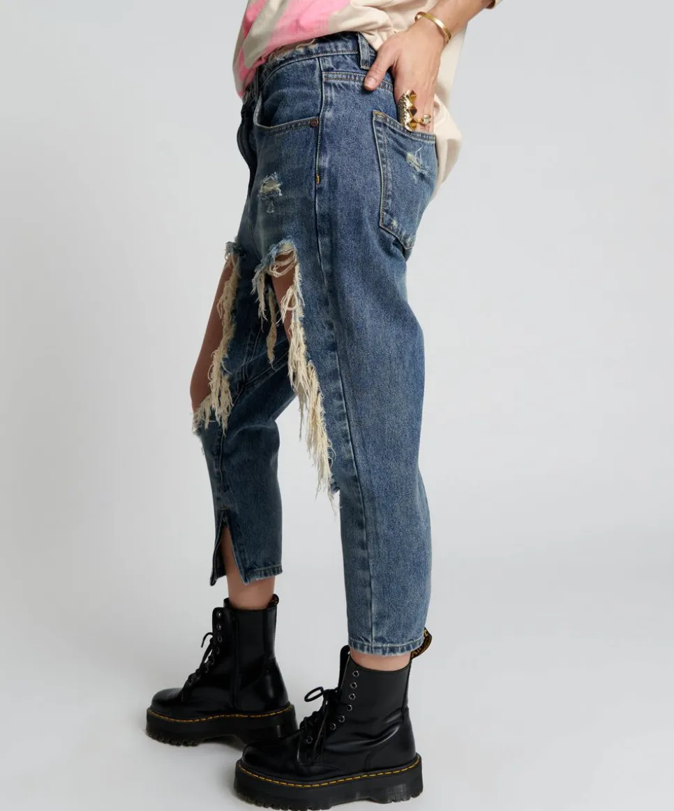 Denim Jeans|ONE TEASPOON Used Blue Kingpins Cropped Boyfriend Jeans