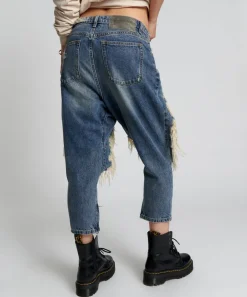 Denim Jeans|ONE TEASPOON Used Blue Kingpins Cropped Boyfriend Jeans