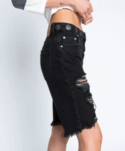Denim Shorts|ONE TEASPOON Worn Black Concho Cut Off Truckers Mid Waist Shorts