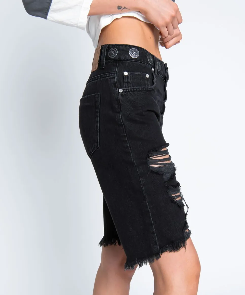Denim Shorts|ONE TEASPOON Worn Black Concho Cut Off Truckers Mid Waist Shorts