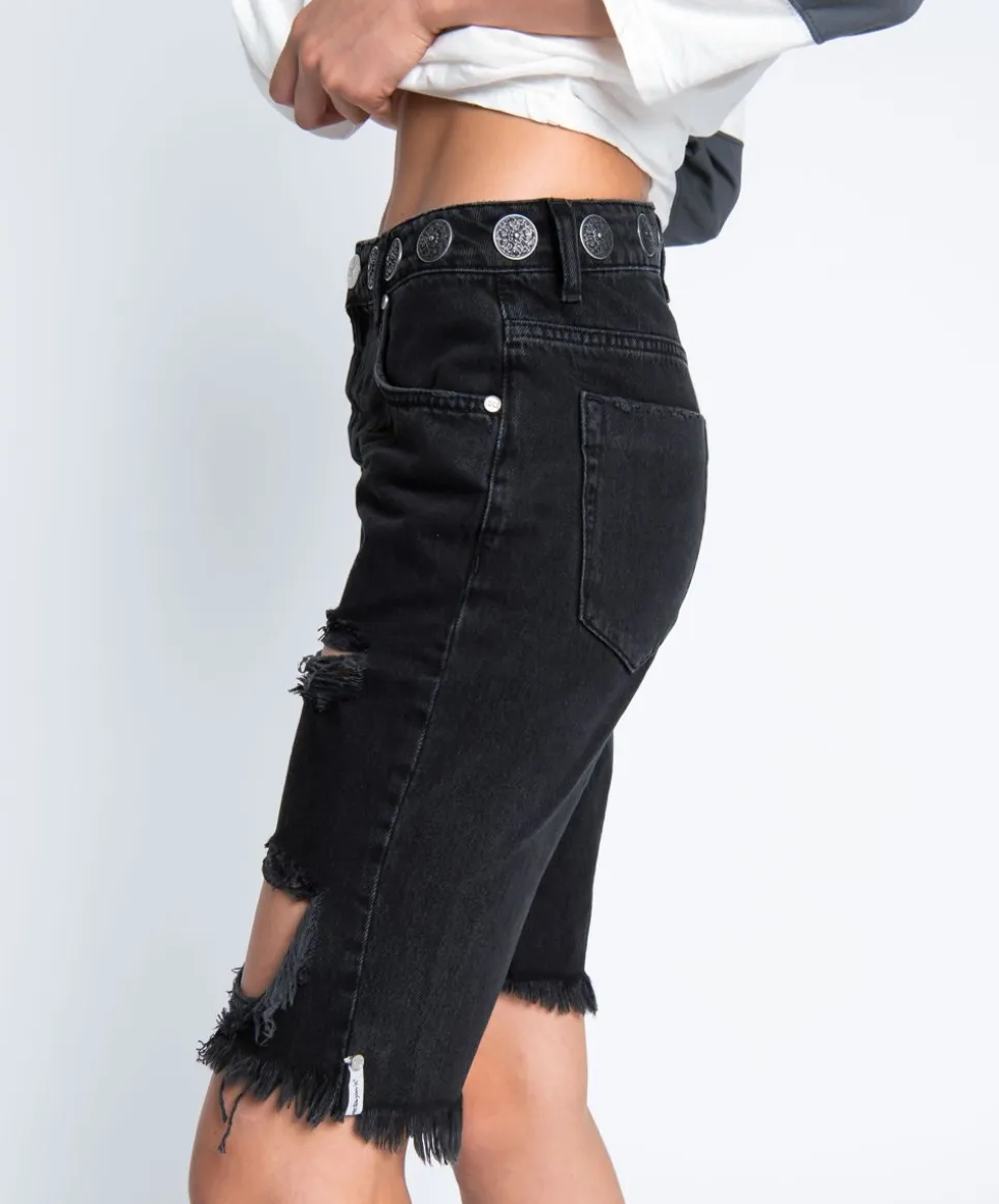 Denim Shorts|ONE TEASPOON Worn Black Concho Cut Off Truckers Mid Waist Shorts